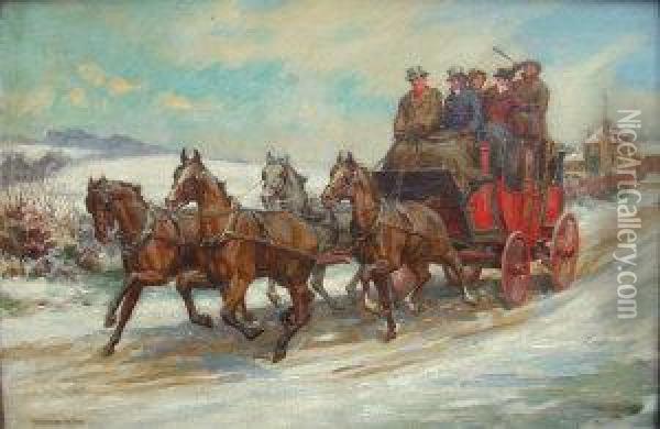 Byles, Oil On Canvas,coaching In Winter, A Coach And Four Driven Through The Snow, 20insx 30ins Oil Painting - William Hounsom Byles