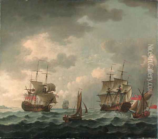 A British Man-o'-War in two positions, with other vessels off a coast Oil Painting - John the Elder Cleveley