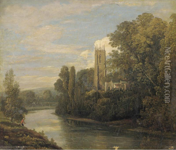 A Church Above A River Oil Painting - Thomas Christopher Hofland