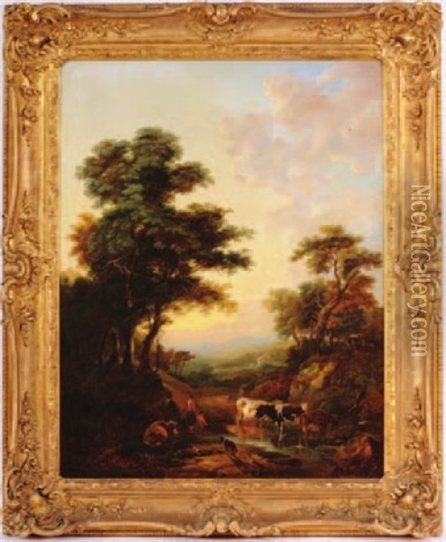 Extensive Landscape, Figures, A Dog And With Cattle Watering In The Foreground Oil Painting - William Traies