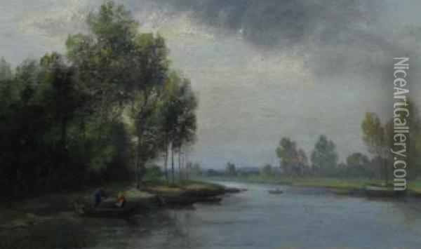 A River Scene; Cattle In A Landscape Oil Painting - Jules Rozier