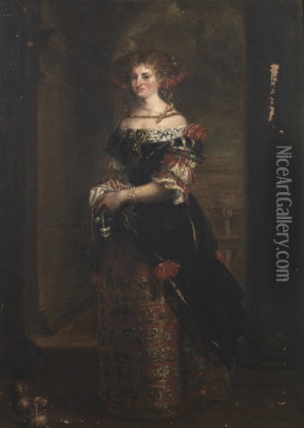 Portrait Of A Lady, Full-length, In An Embroidered Dress, Standing With Her Dog Oil Painting - Pier Francesco Cittadini