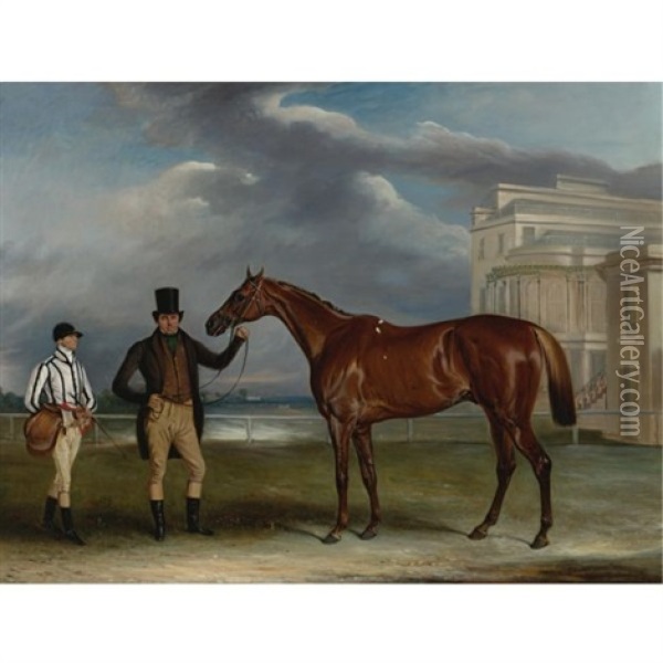 Sir J. Boswell's General Chasse With Trainer And Jockey Holmes At Aintree Racecourse Oil Painting - John E. Ferneley