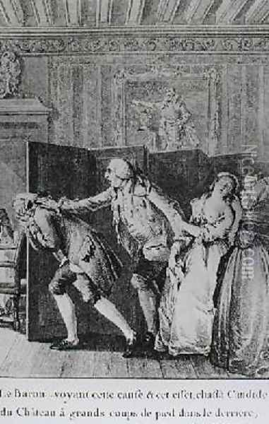 Le Baron chassa Candide du Chateau a grands coups de pied dans le derriere Oil Painting - Jean-Michel Moreau