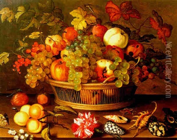 Still Life Of Fruit In A Basket With Flowers And Shells Resting On A Table Oil Painting - Balthasar Van Der Ast