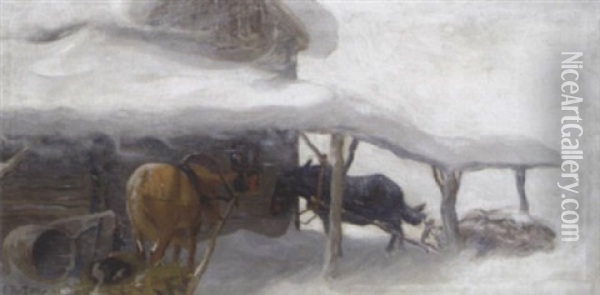 Pferde Im Schneesturm Oil Painting - Alfons Konstantinovich Zhaba