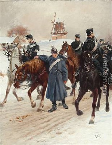 Soldiers On Horseback At Wintertime, Presumably From The Second Schleswig War 1864 With Dybbol Mill In The Background Oil Painting - Karl Frederik Christian Hansen-Reistrup