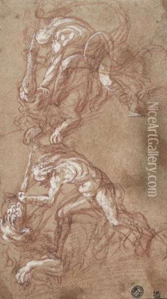 Deux Etudes Pour Un Hercule Combattant Le Lion De Nemee Oil Painting - Bartholomaeus Spranger