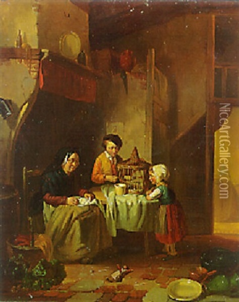 Children Playing With A Bird In A Kitchen Oil Painting - Ferdinand de Braekeleer the Elder
