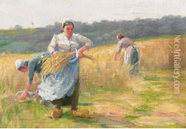In A Wheatfield Oil Painting - Farquhar Mcgillivr. Knowles