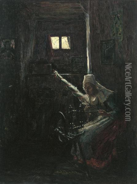 The Spinning Wheel, Brittany Oil Painting - George Sherwood Hunter