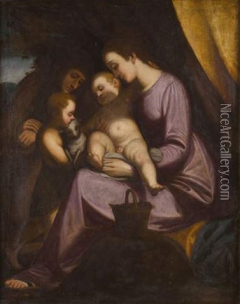 Vierge A L'enfant Entouree De Sainte Elisabeth Et De Saint Jean-baptiste, Avec Un Panier De Cerises Oil Painting - Luca Cambiaso