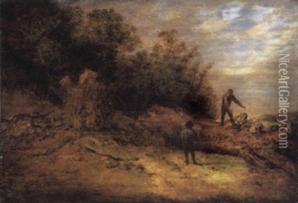 A Woodcutter Standing On A Felled Tree Conversing With A Companion Oil Painting - Jacob Sibrandi Mancadan