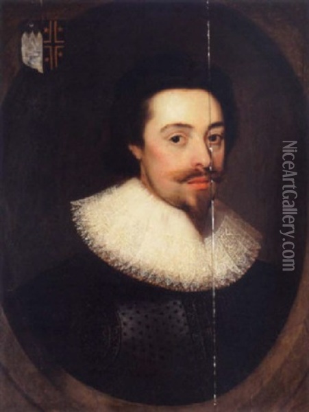 Portrait Of Sir Thomas Reynell Wearing A Black Tunic And White Lace Ruff Oil Painting - Cornelis Jonson Van Ceulen
