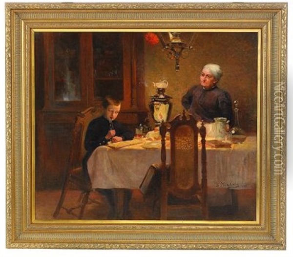 Interior With Boy And Old Woman Drinking Tea Oil Painting - Vladimir Egorovich Makovsky