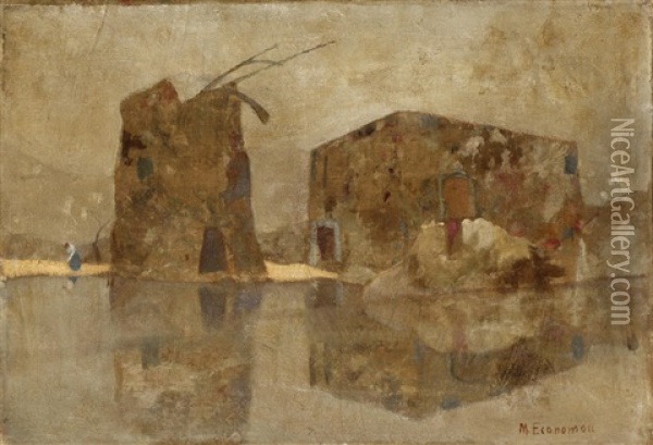 House And Mill Oil Painting - Mihalis Economou