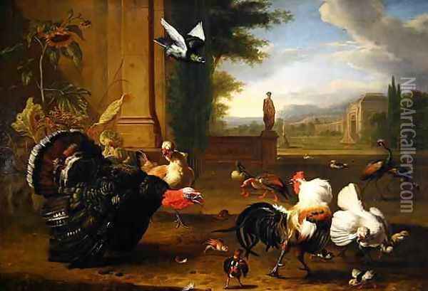 A Turkey Cock and Cockerel and other exotic fowl in a park setting Oil Painting - Melchior de Hondecoeter