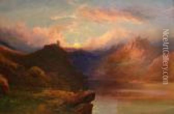 Scottish Loch Scene At Sunset Oil Painting - Clarence Roe