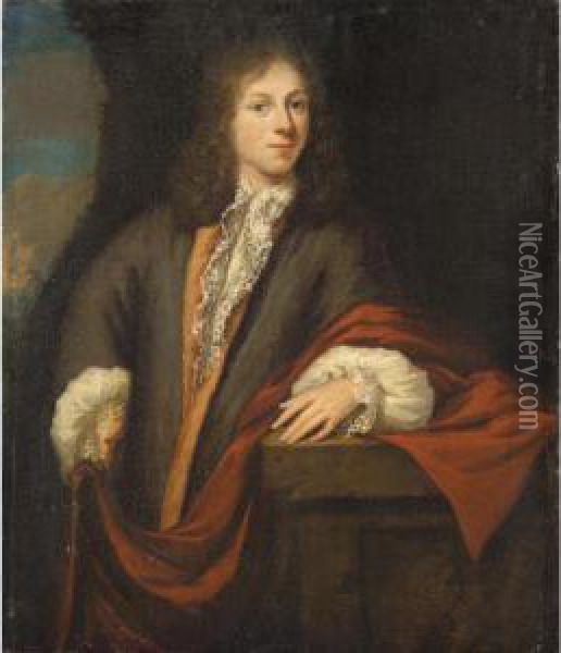 Portrait Of A Gentleman, Three-quarter Length, Leaning On A Ledge Oil Painting - Juriaen Pool