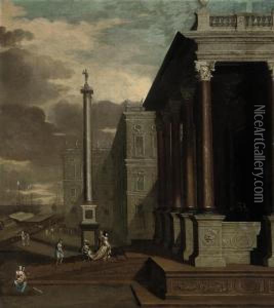 A Port Scene With Elegant Company Approaching A Classical Portico,an Italianate Palace Beyond Oil Painting - Jacobus Saeys