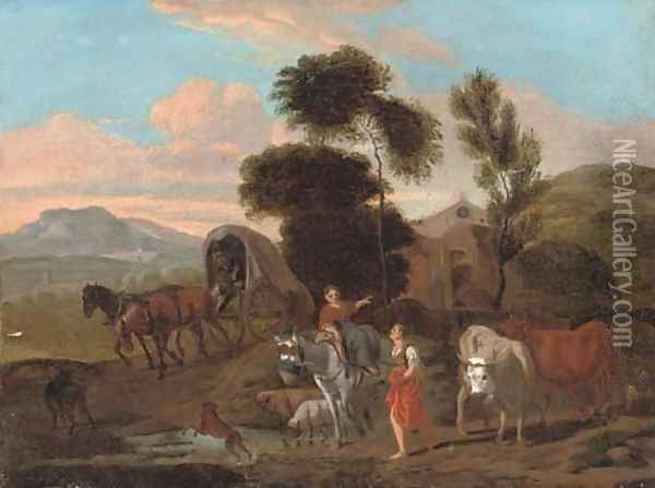 An Italianate landscape with travellers by a stream Oil Painting - Michiel Carree