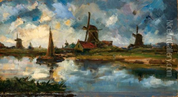 View Of A Mill By The Water At Sunset Oil Painting - Jacob Henricus Maris