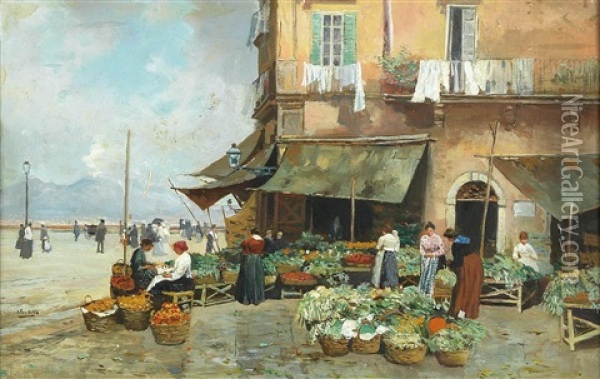 Market Scene On Via Marina, Naples Oil Painting - Attilio Pratella
