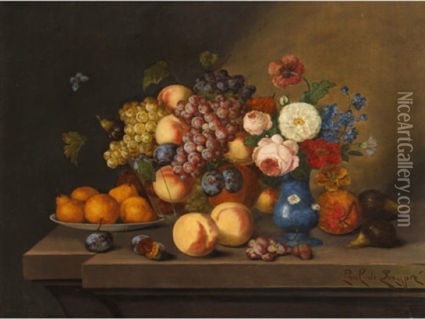 A Still Life Of Fruits And Flowers Resting On A Table Oil Painting - Paul De Longpre
