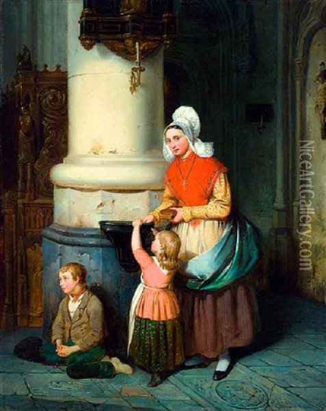 Mutter Mit Kind In Einer Kirche, An Einer Saule Sitzt Ein Bettelknabe Oil Painting - Ferdinand de Braekeleer the Elder