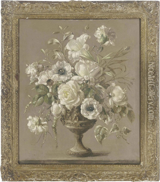 Roses, Carnations And A Lily In A Pewter Vase Oil Painting - Terence Loudon