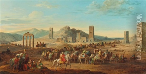 Passage De Deux Grandes Caravanes A Palmyre, Par La Vallee Des Mausolees Oil Painting - Jean-Baptiste Hilaire