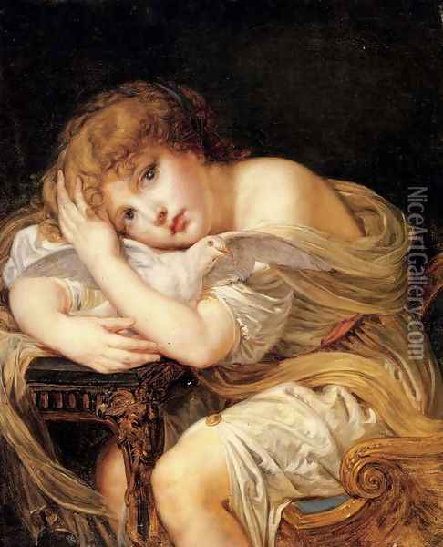 'La Jeune Fille a la colombe' - A young girl holding a dove Oil Painting - Jean Baptiste Greuze