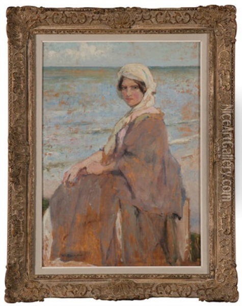 Portrait De Femme Devant La Mer Oil Painting - Franz van Holder