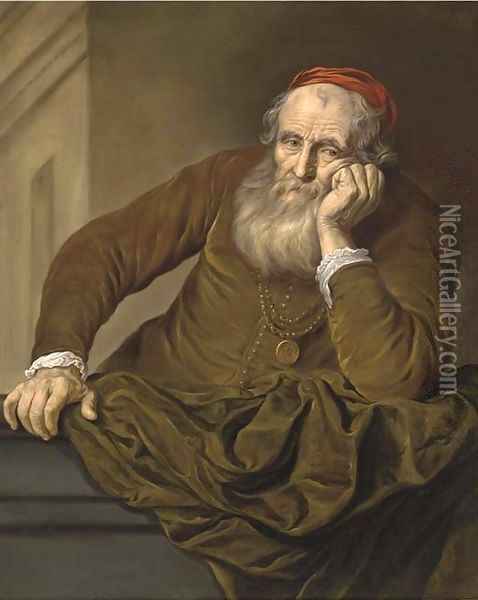 Portrait of an old man, half-length, wearing a red hat Oil Painting - Govert Teunisz. Flinck