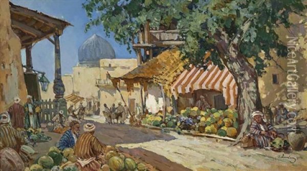 Orientalischer Gemusemarkt Mit Wassermelonenverkaufer Oil Painting - Sergej Anikin