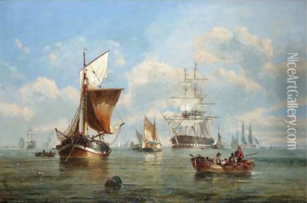 Shipping At Anchor Off The Coast Oil Painting - John Callow