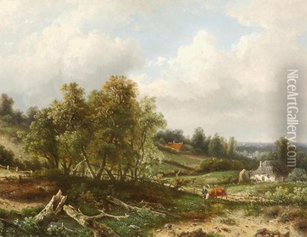 Hilly Landscape With Cowherd Oil Painting - Claas Hendrik Meiners