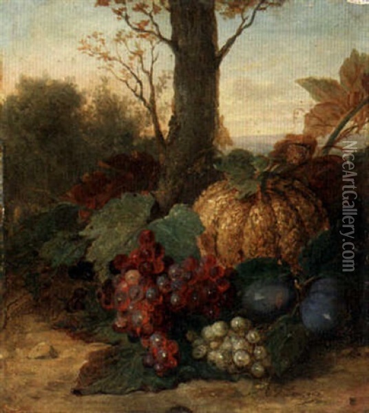 Still Life With Pumpkin, Grapes And Plums Oil Painting - Egide Francois Leemans