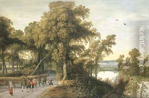 A wooded river landscape with soldiers, peasants and huntsmen on a path, a church through the trees beyond Oil Painting - Willem Van Den Bundel