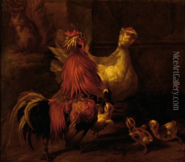 A Rooster, A Hen And Chicks With A Squirrel In The Background Oil Painting - Melchior de Hondecoeter