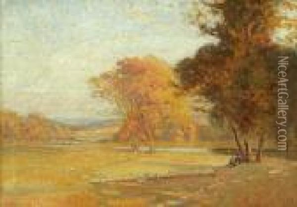 Shepherd And Flock In Autumn Oil Painting - Frederick John Mulhaupt