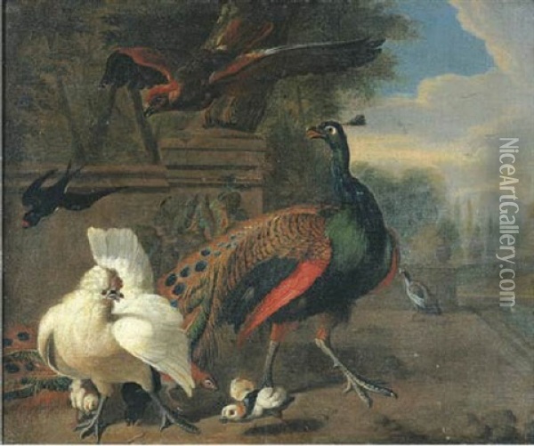A Peacock, A White Hen And Chickens By A Stone Wall In A Landscape, A Pond Beyond Oil Painting - Melchior de Hondecoeter