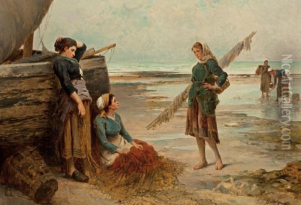 Fisherwomen Along The Shore Oil Painting - Ferdinand Bonheur