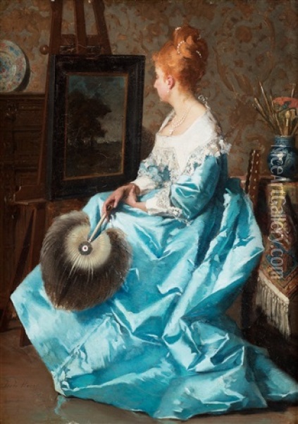Kvinna I Bla Kanning Framfor Ett Staffli Oil Painting - Jean De La Hoese
