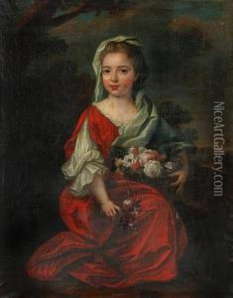 Portrait Of A Young Girl, Seated Before A Landscape, Wearing Red Dress And Holding Bowl Of Flowers Oil Painting - Johannes or Jan Verelst