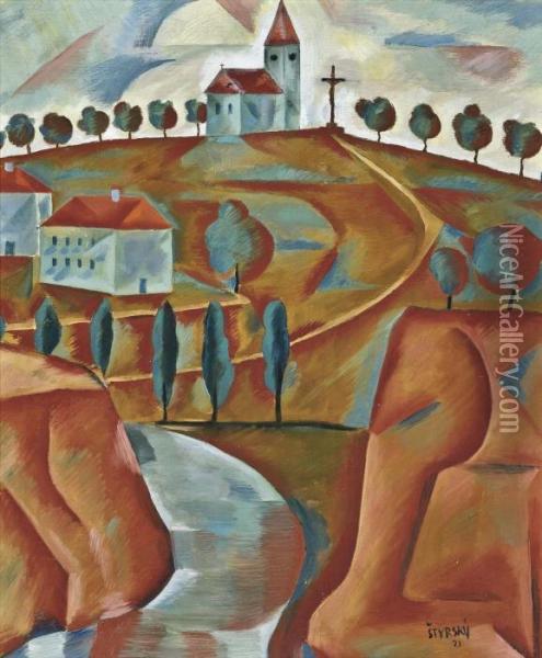 Church On A Hill ; Saint Sebastian Oil Painting - Jindrich Styrsky