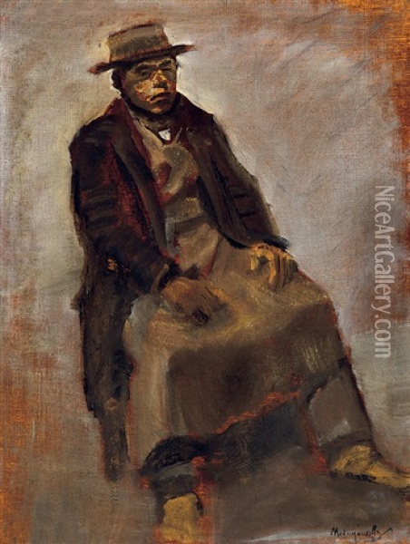 Sitting Boy With Hat Oil Painting - Laszlo Mednyanszky