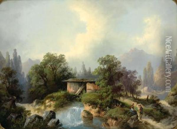 Gebirgslandschaft Mit Wildbach Oil Painting - August Lang