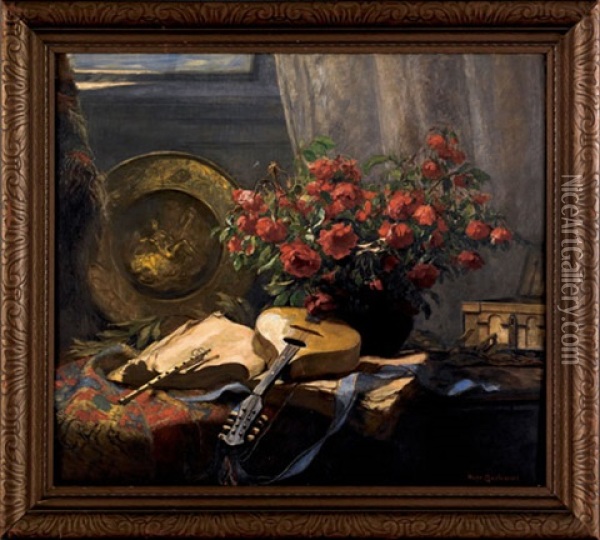 Still Life With Roses And A Mandolin Oil Painting - Hugo Charlemont