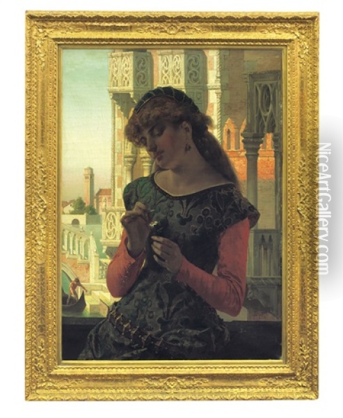 Giovane Donna Sul Balcone A Venezia Oil Painting - Tito Lessi